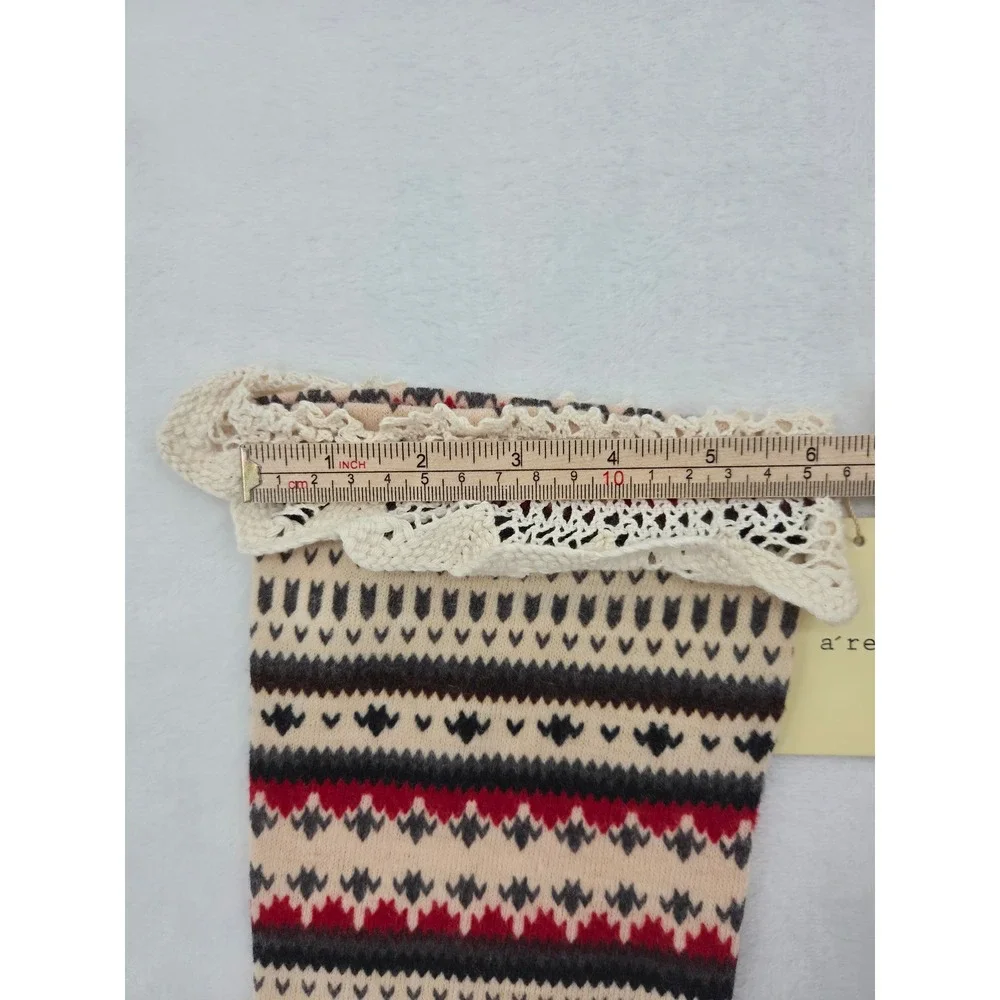 NWT A'reve Fair Isle Leg Warmers Crochet Lace Trim Boho Cottagecore Red Cream